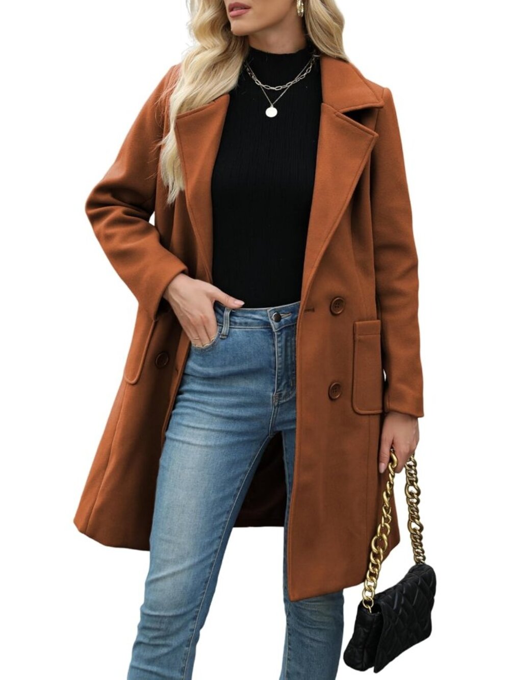Womens Dark Brown Chic Wool Blend Mid-Long Notch Double-Breasted Trench Pea Coat